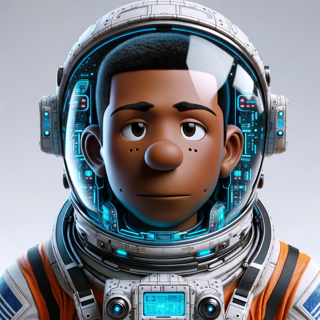 DALL·E 2023-10-31 05.28.49 - Photo-realistic render of a mid-twenties male person of color, dressed in a cutting-edge 2274 spacesuit. The suit is adorned with holographic panels, 